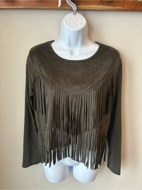 Olive Green Faux Suede Fringe Long Sleeve Top Western Festival Size M